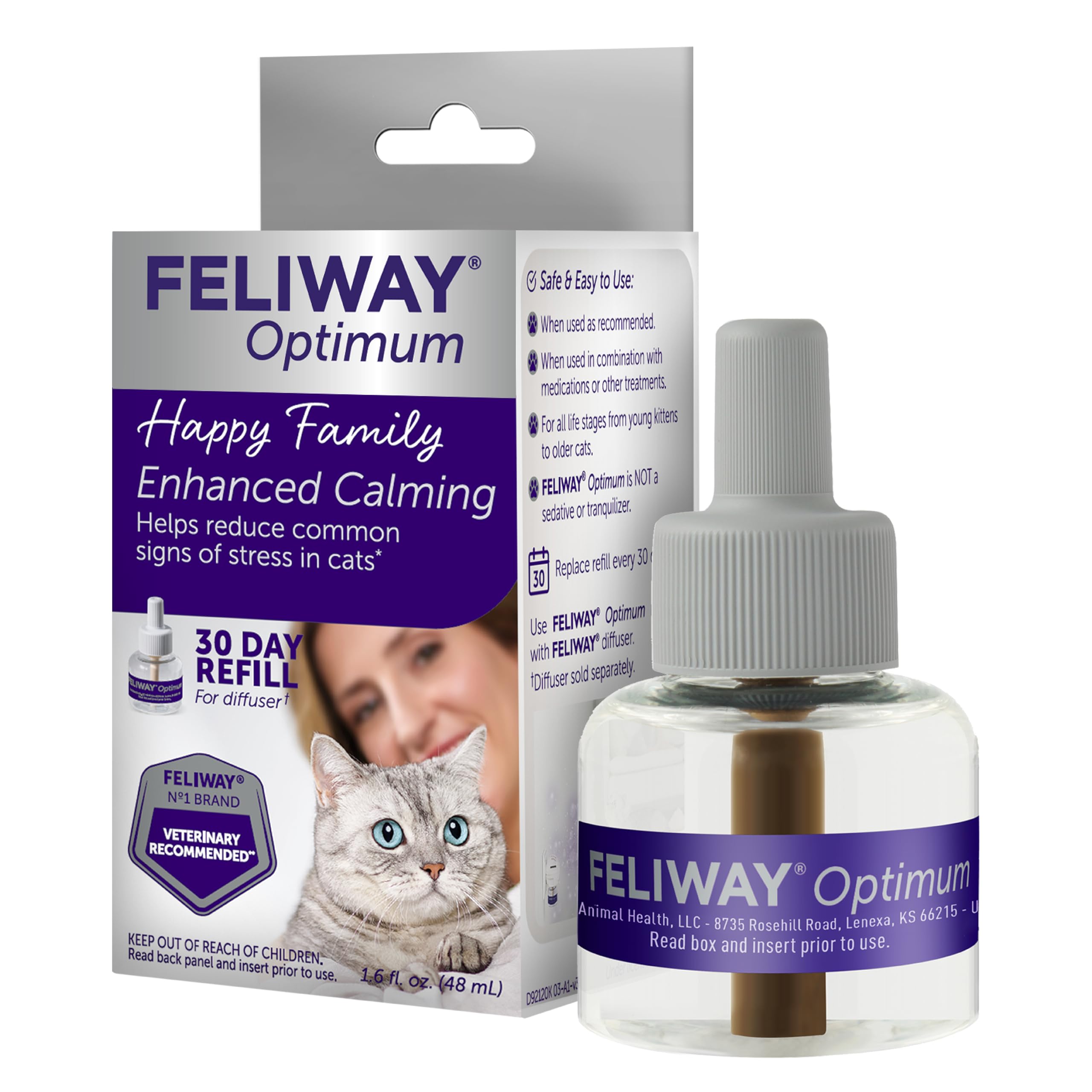 FELIWAY Optimum front packaging showing product and benefit of stress reduction