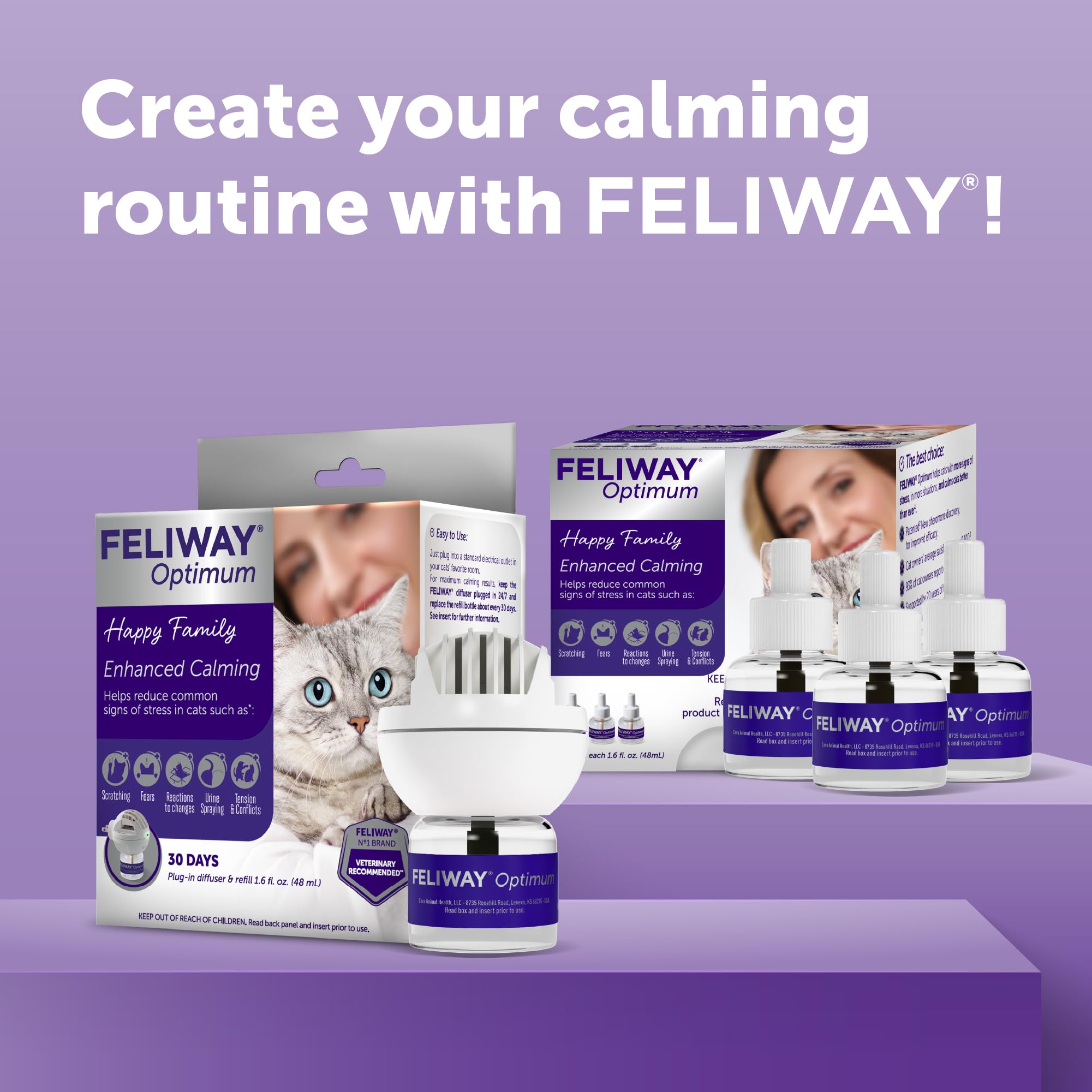 Retail shelf display of FELIWAY Optimum six‑pack ready for purchase