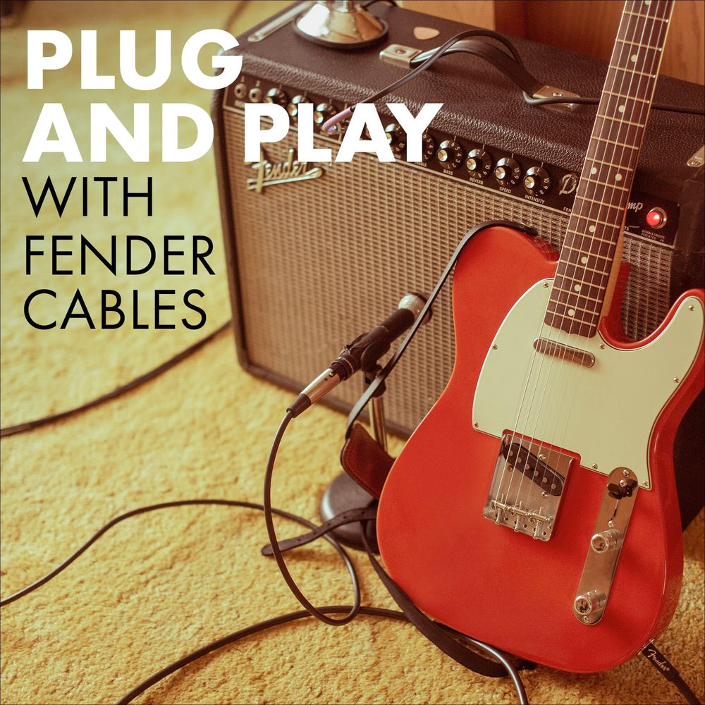 Fender Deluxe cable beside tape measure showing 25ft length for flexible routing