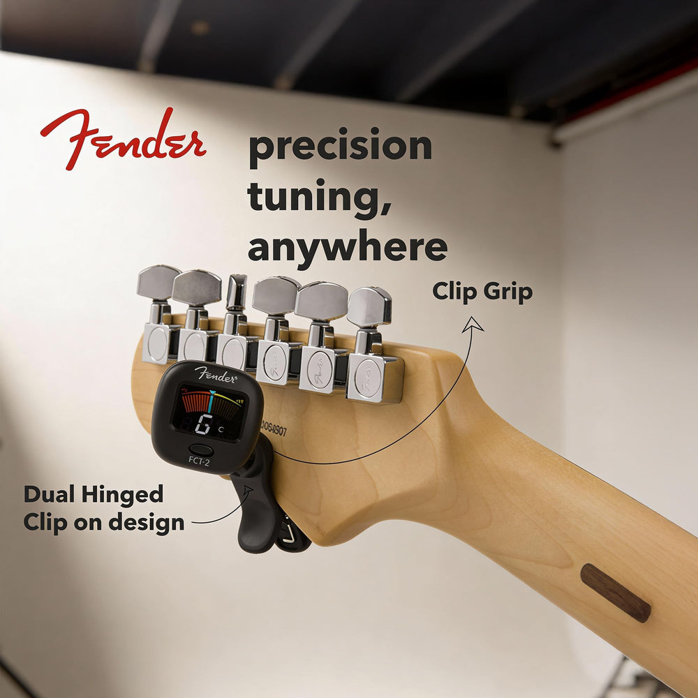 Fender FCT-2 dual-hinge clip detail showing secure headstock grip