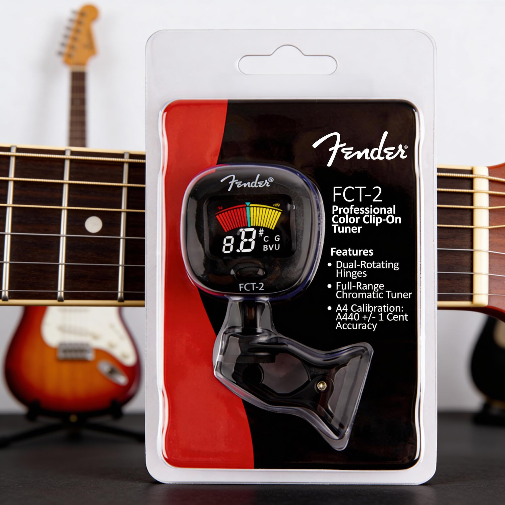 Fender FCT-2 attached to electric bass showing low-range tuning