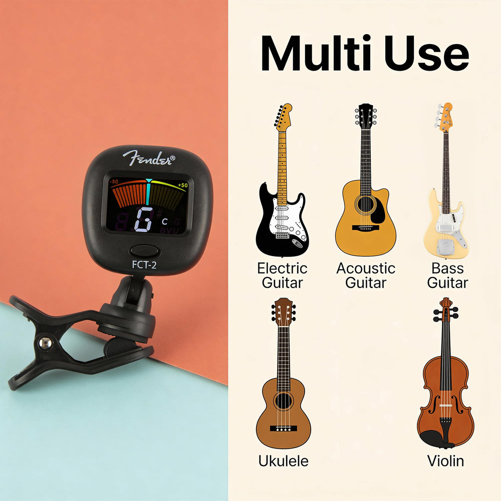 Fender FCT-2 on ukulele in a casual setting for portable tuning