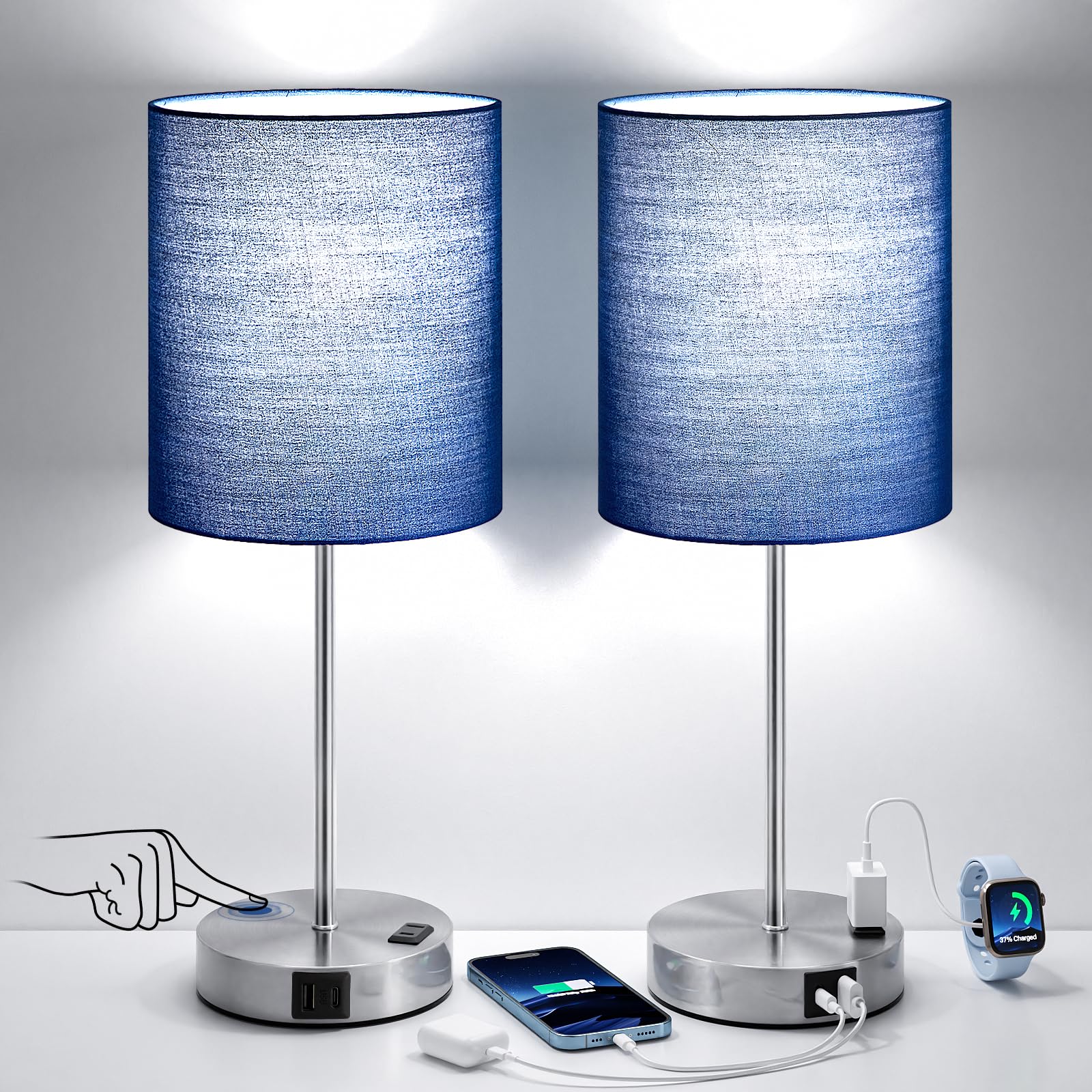 Fenmzee front view pair showing navy lamps and balanced room lighting benefit