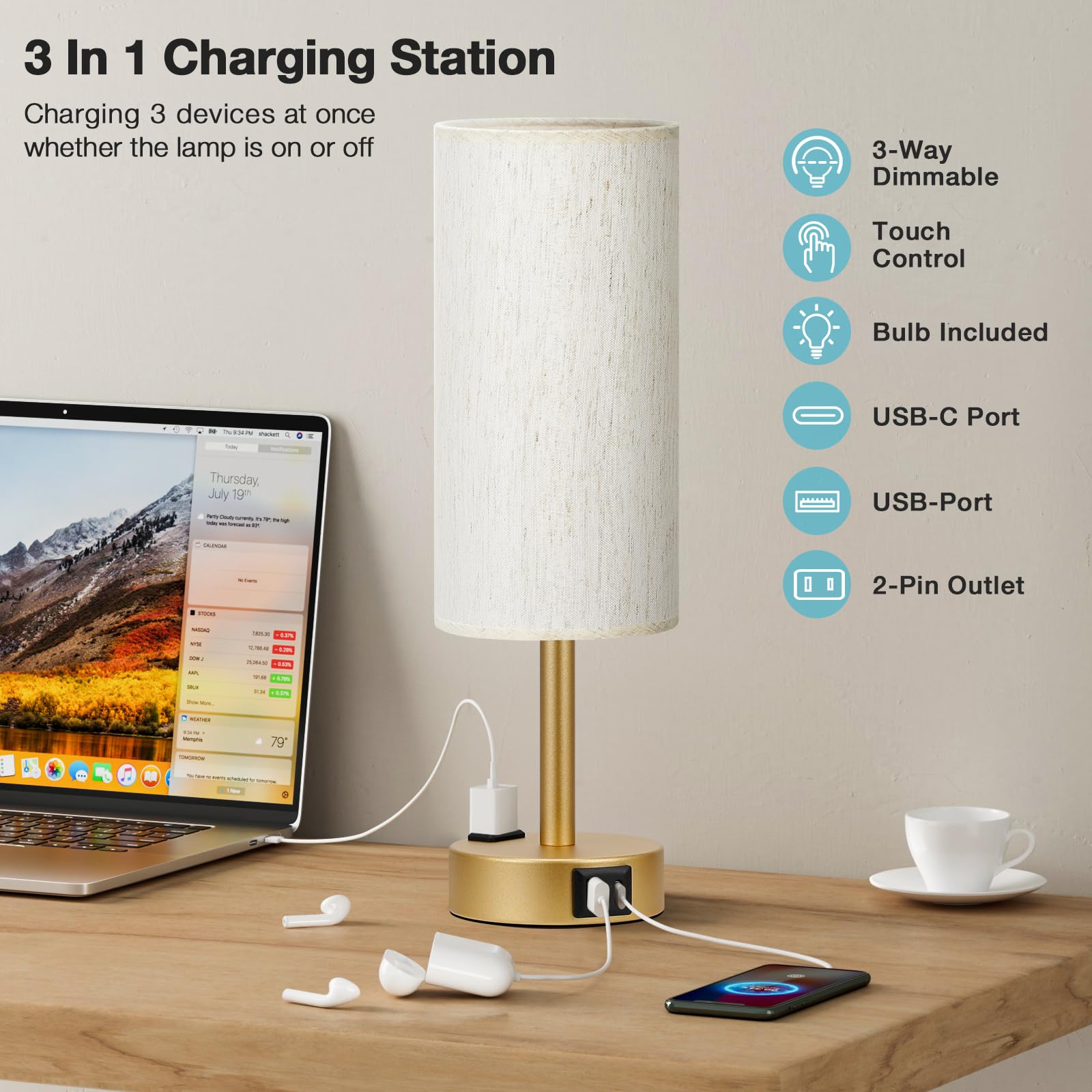 Fenmzee lamp detail of USB‑C, USB‑A ports and AC outlet offering convenient charging
