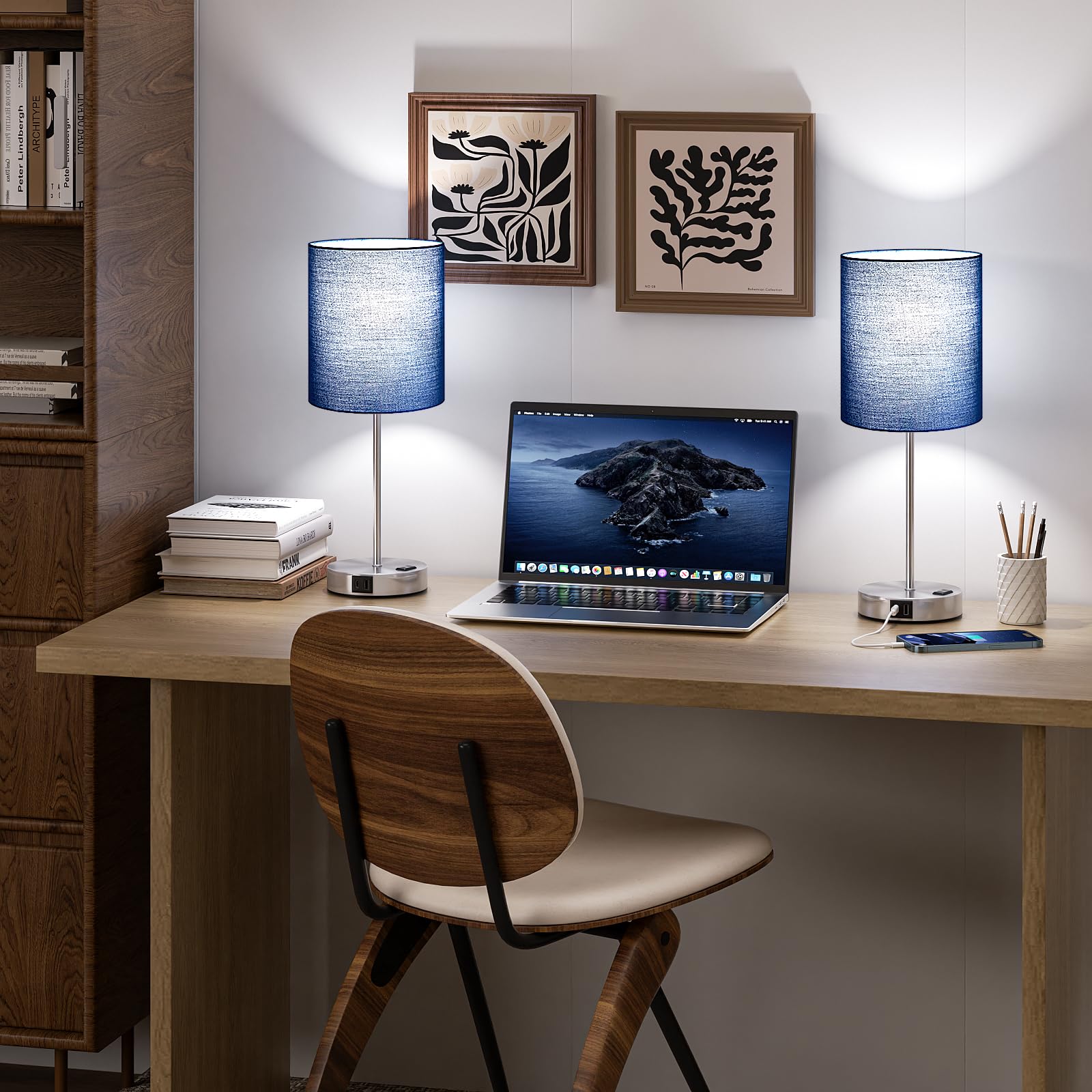 Fenmzee on nightstand in bedroom creating calm reading light benefit