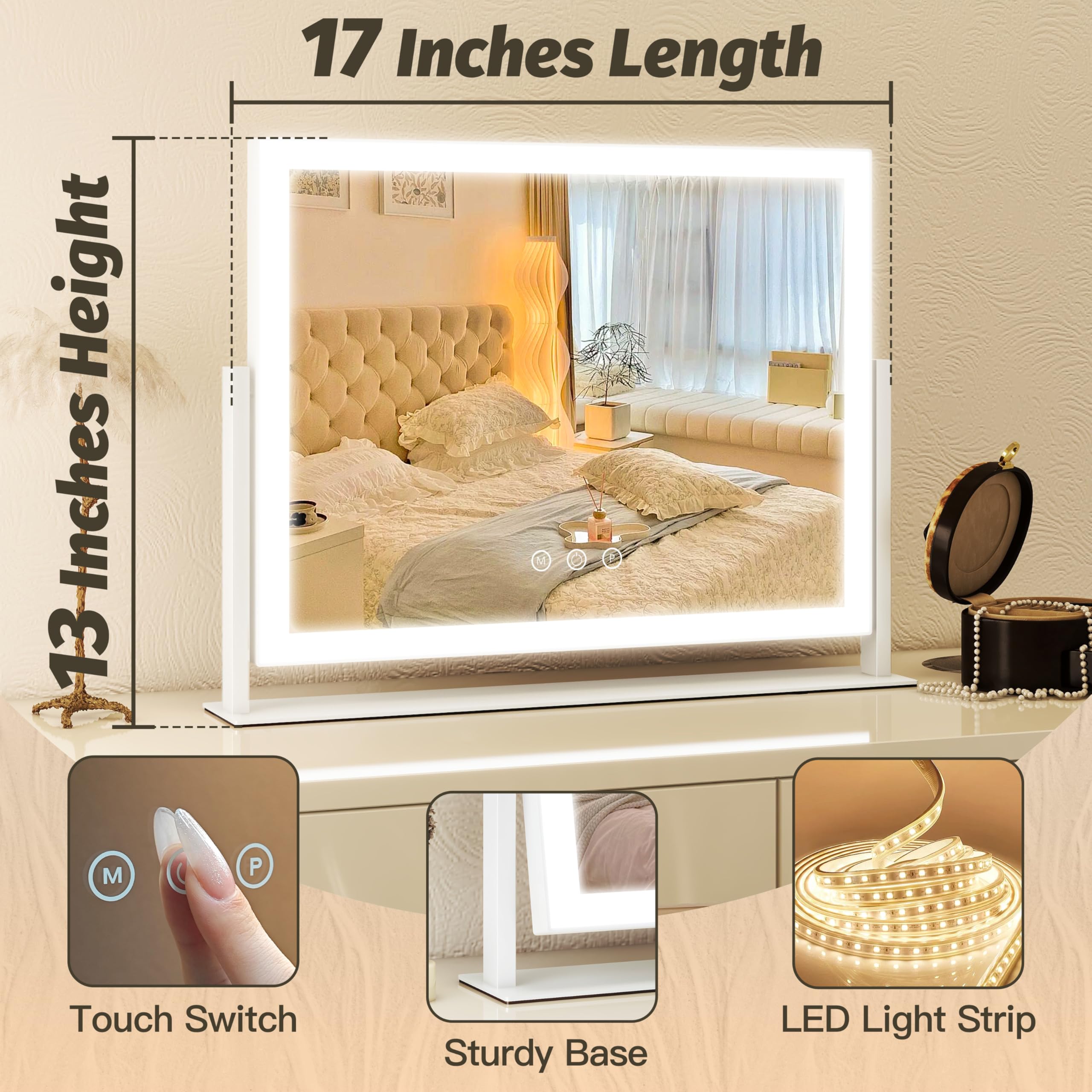 FENNIO mirror on a bedroom vanity styled with lights and makeup for lifestyle appeal