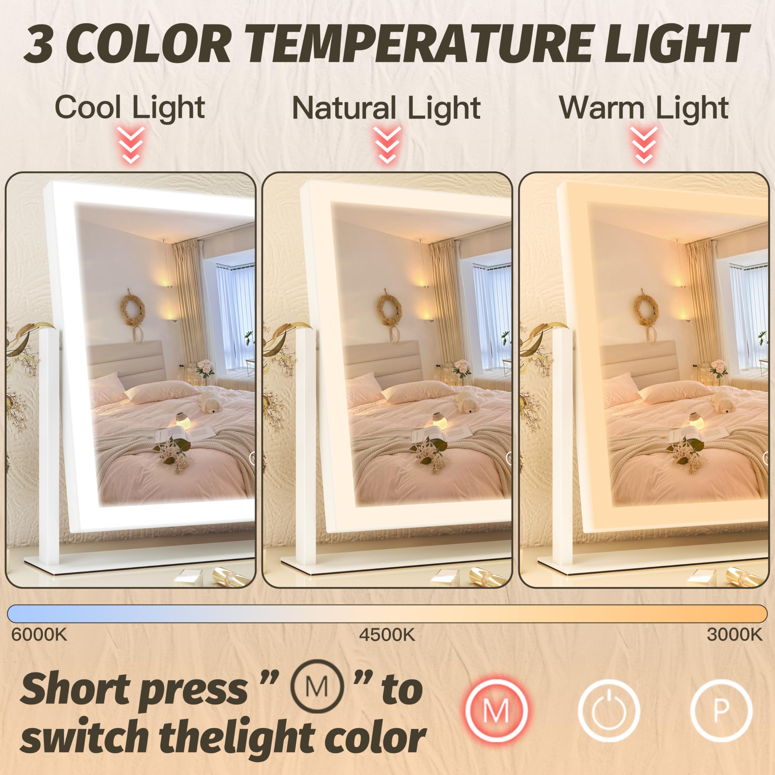 FENNIO mirror lit in warm neutral and cool modes to compare color temperatures