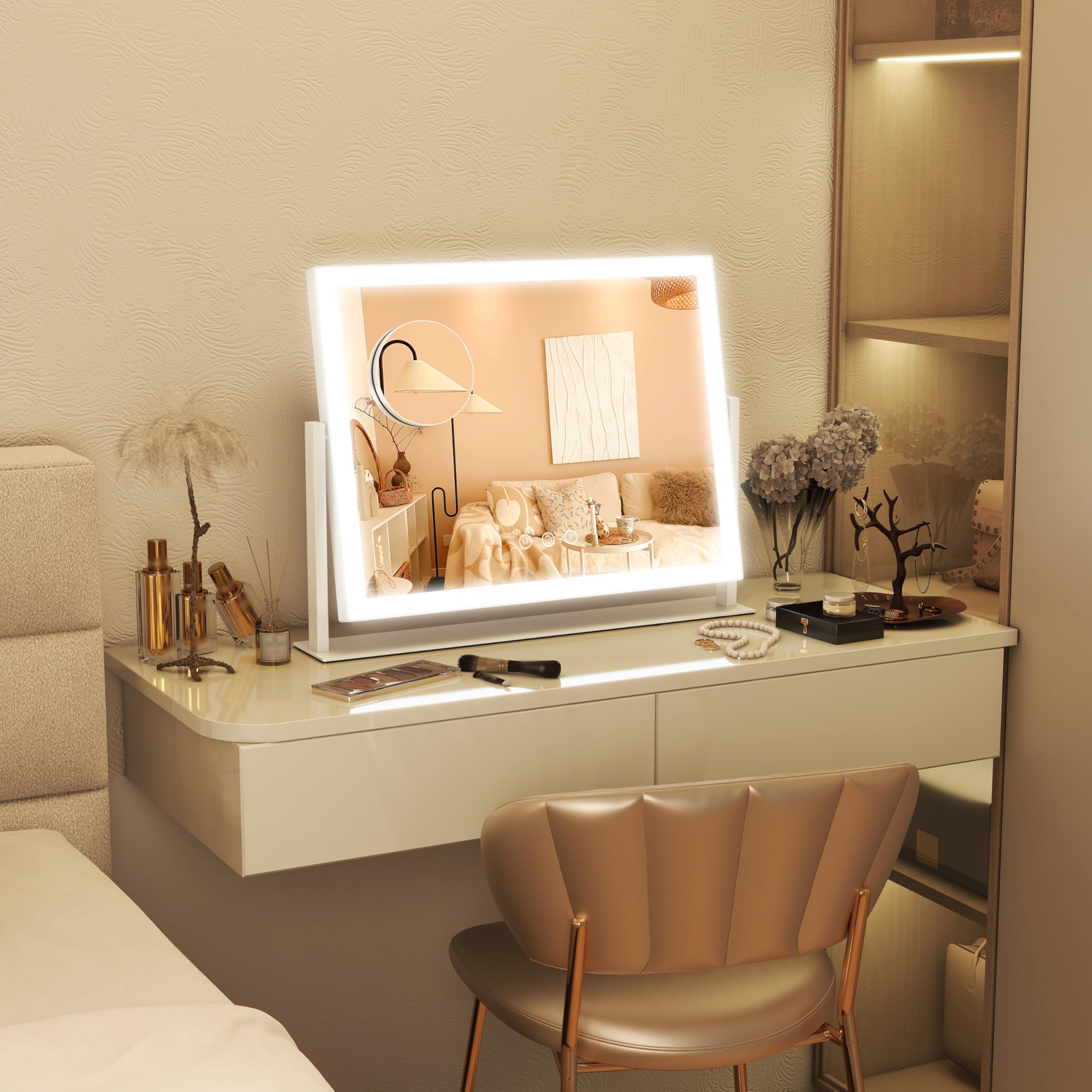FENNIO mirror beside a hand and cosmetics to show compact 13x17 size scale