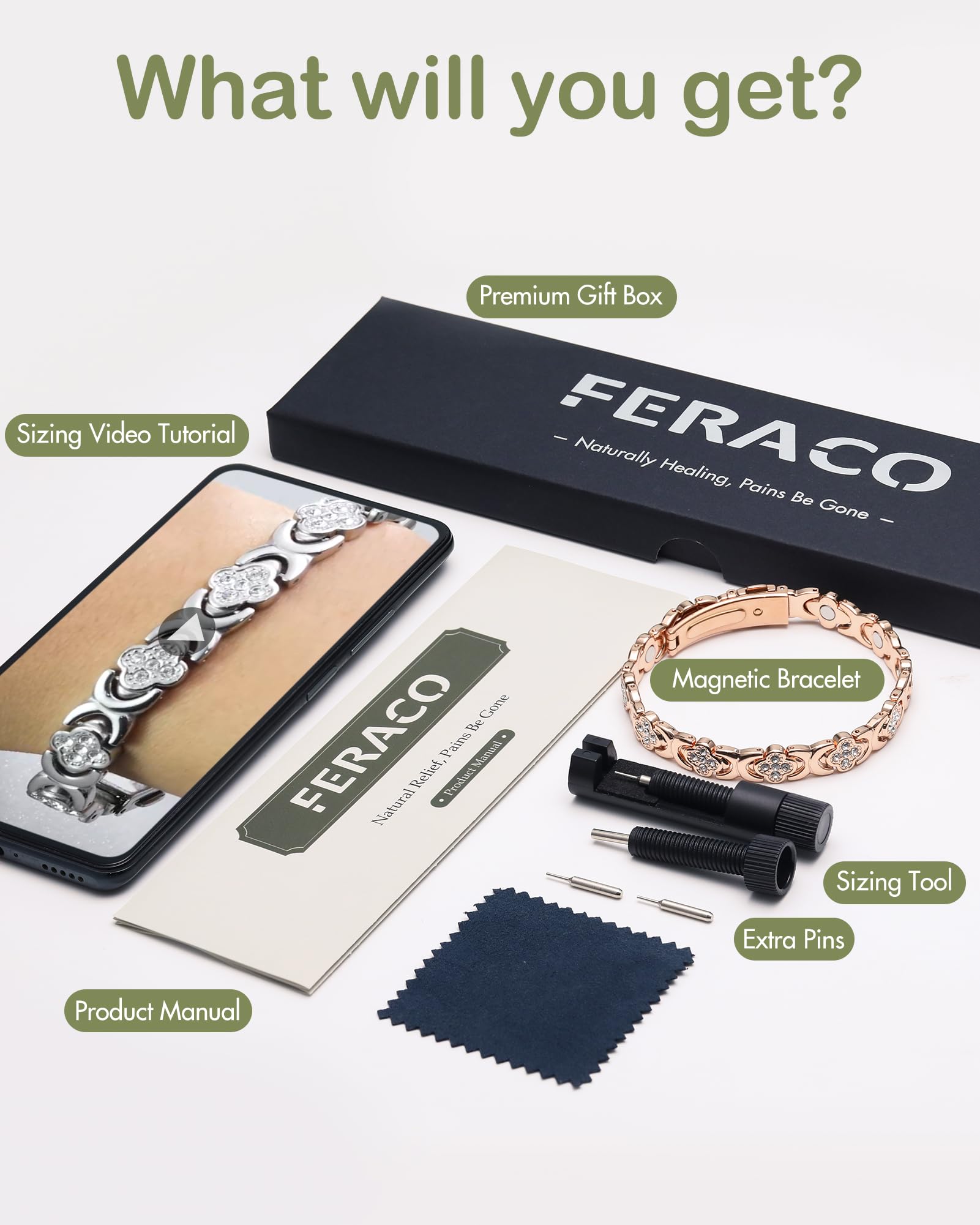 Feraco included sizing tool beside bracelet for customized fit