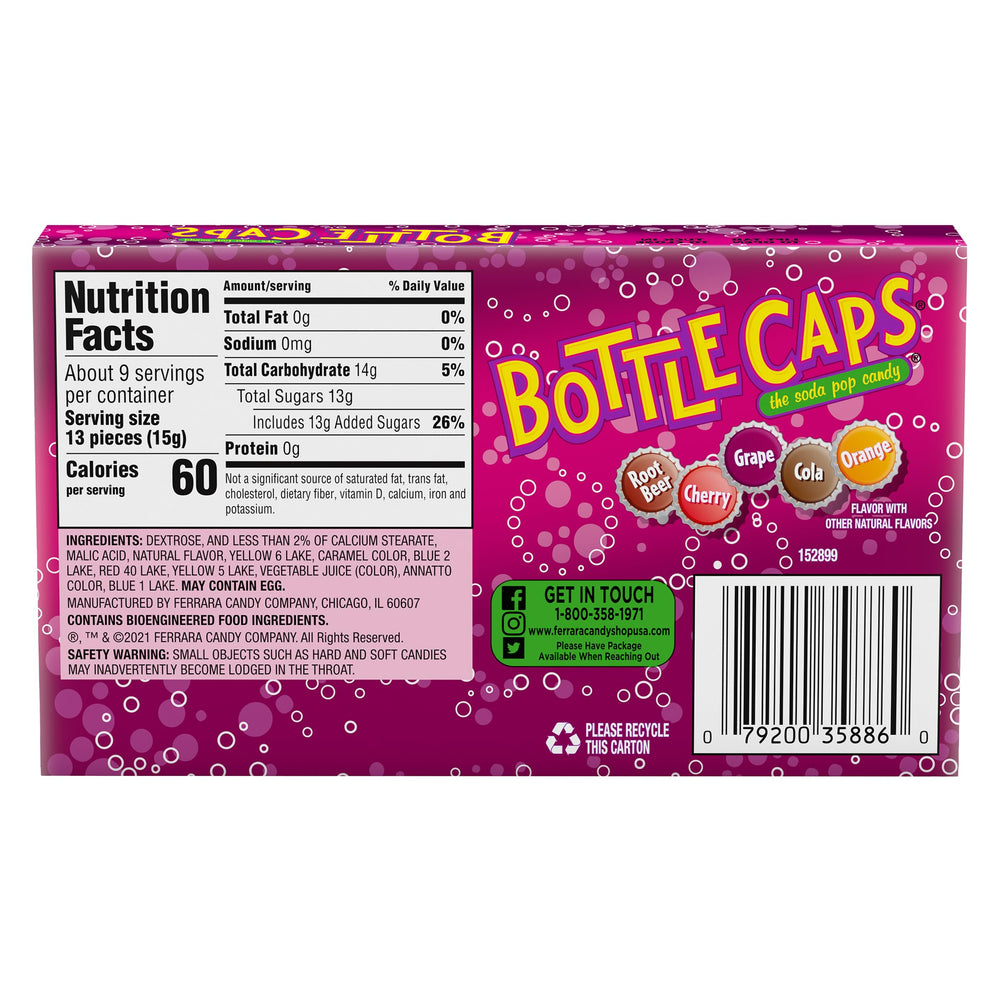 Ferrara bottle caps open box revealing mixed soda-flavored candies
