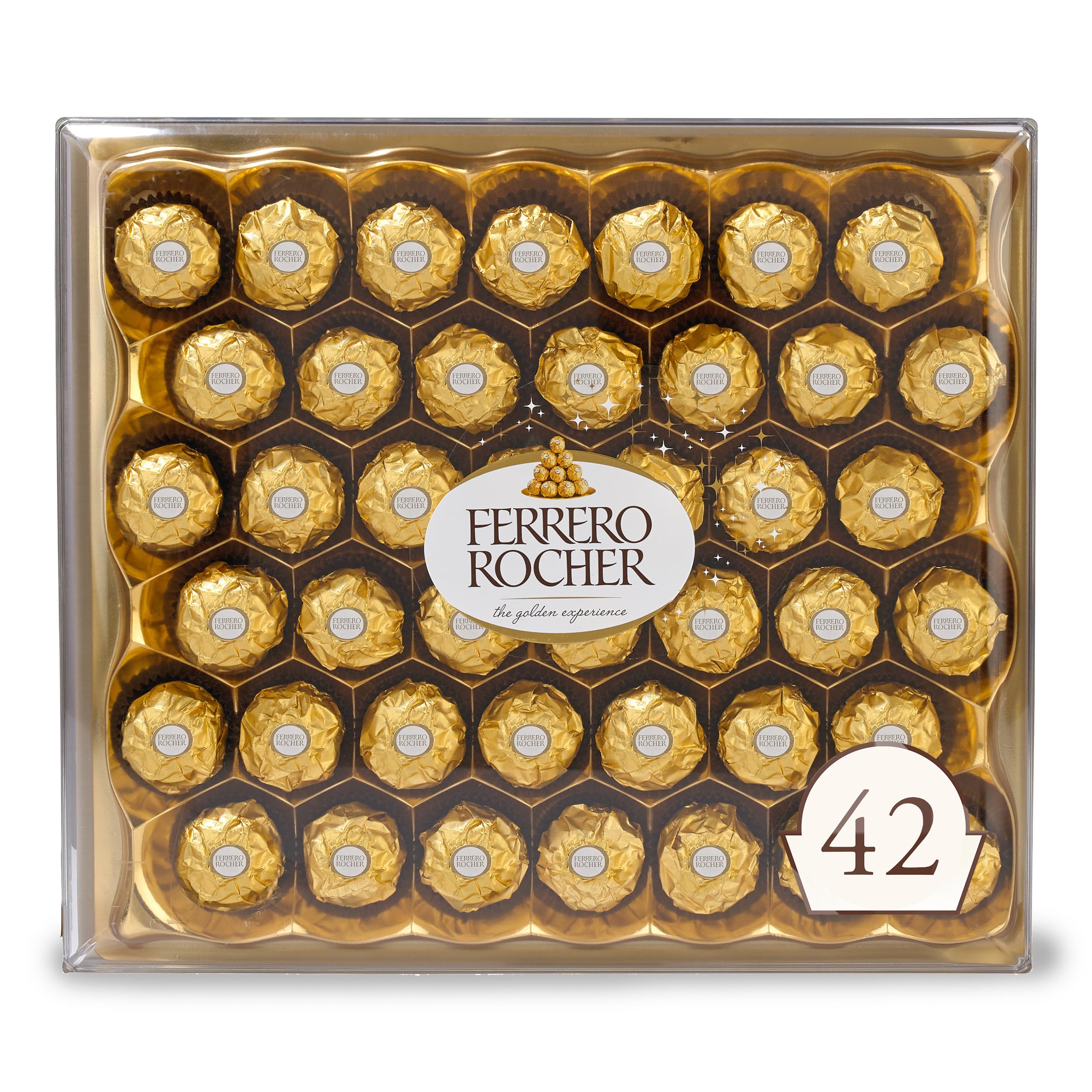 Ferrero Rocher front box showing 42-count elegant gift packaging and convenience