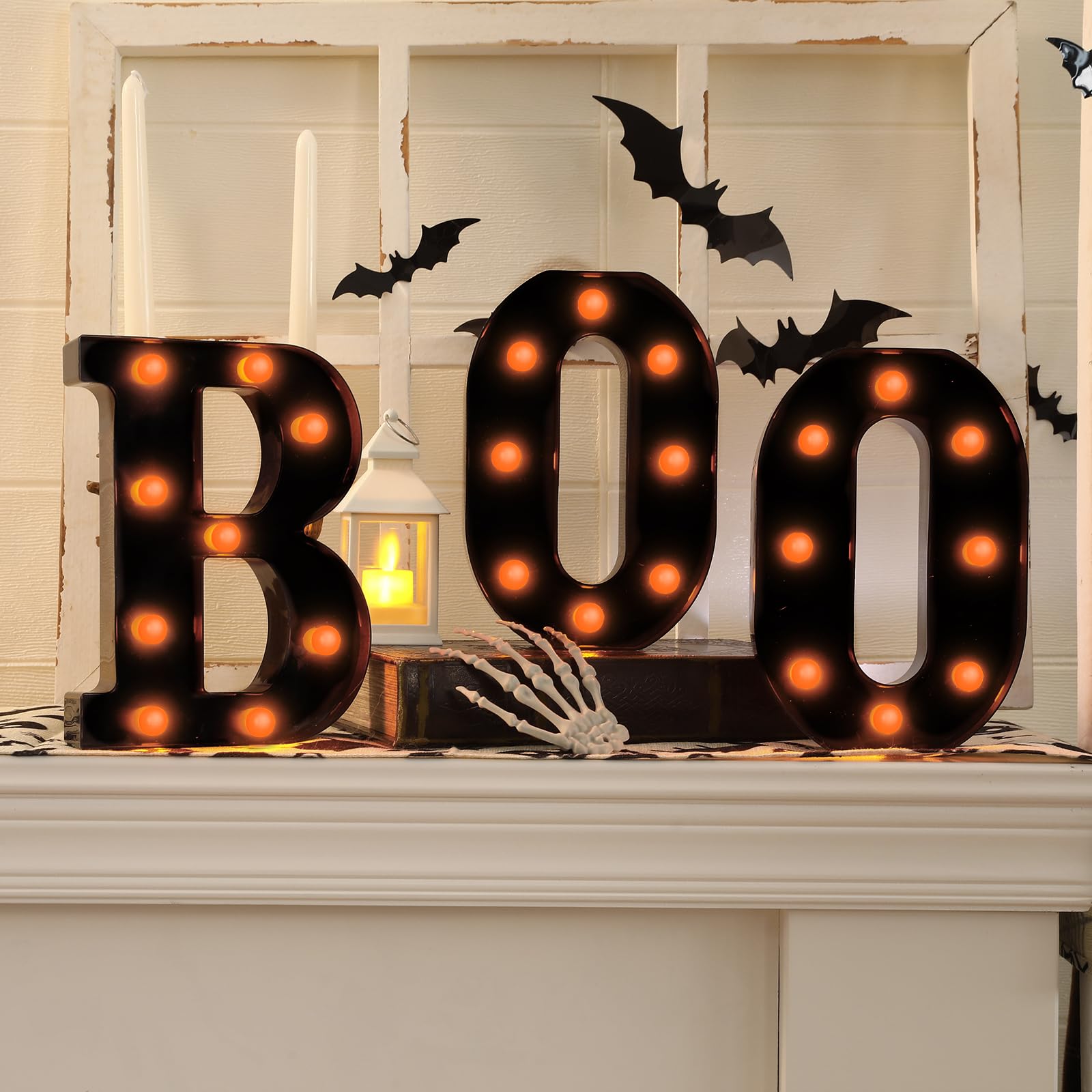 FestalMart BOO front view showing bold letters and warm orange glow for festive charm