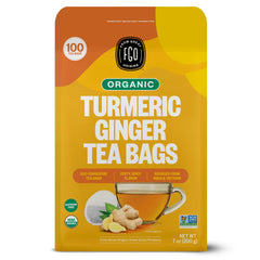 FGO front packaging showing organic turmeric ginger tea, clear labeling benefit
