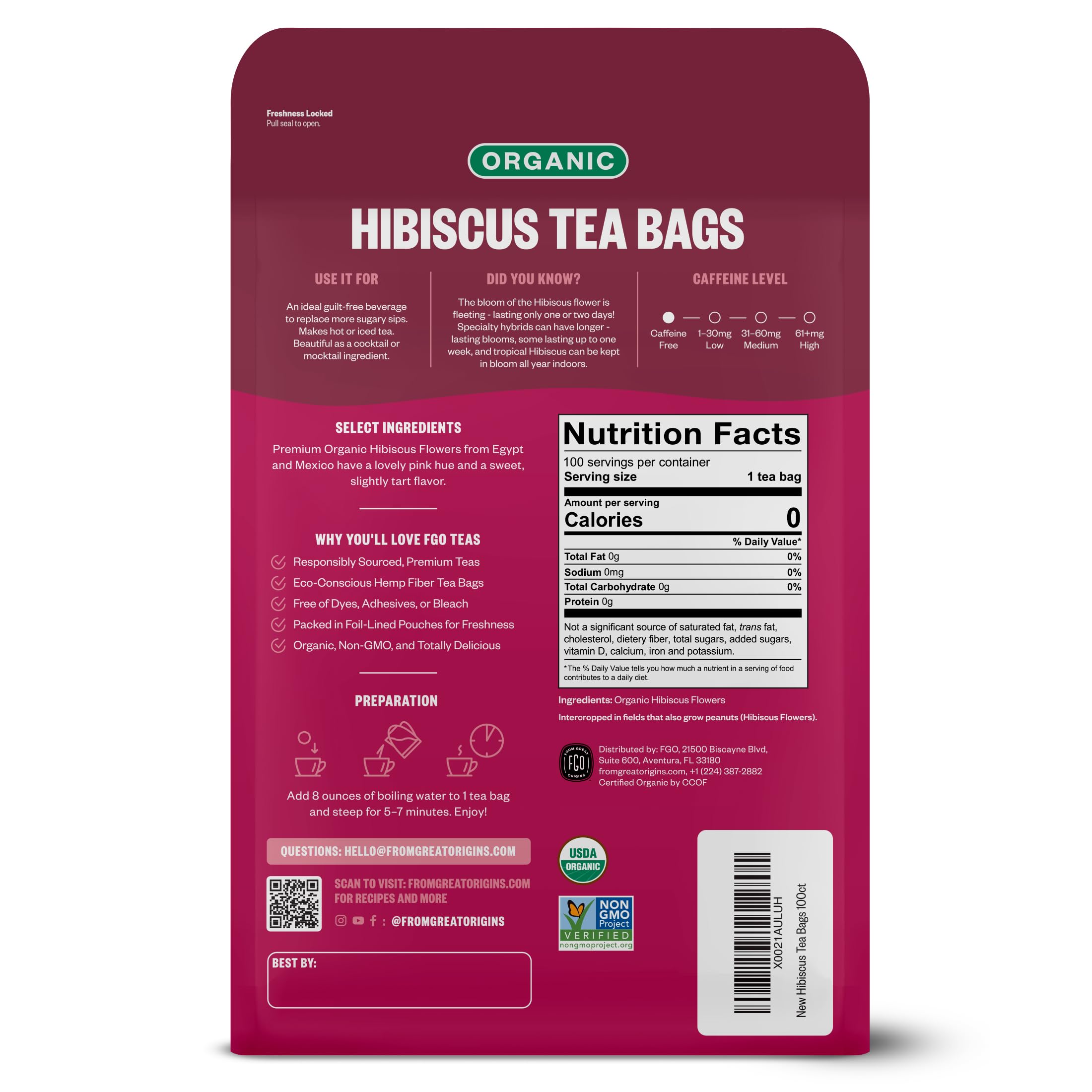 FGO teabag close-up highlighting 2g hibiscus content and fuller steep benefit
