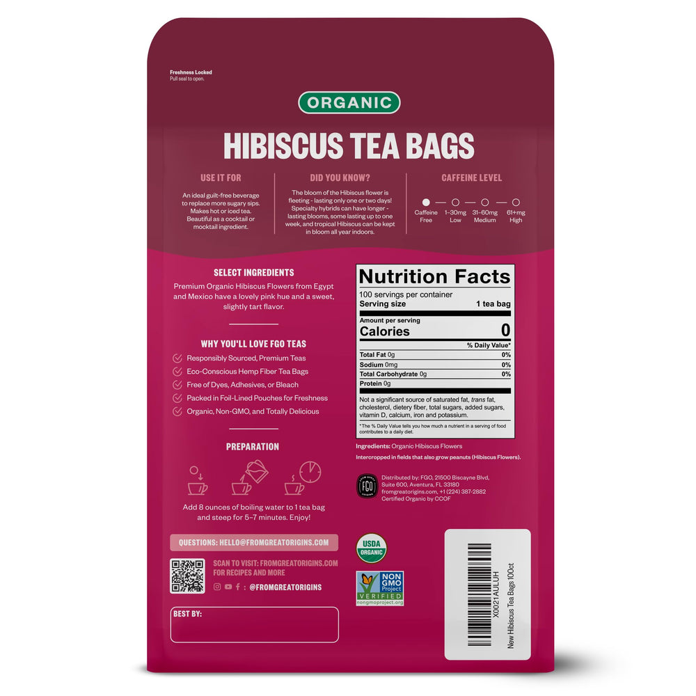 FGO teabag close-up highlighting 2g hibiscus content and fuller steep benefit
