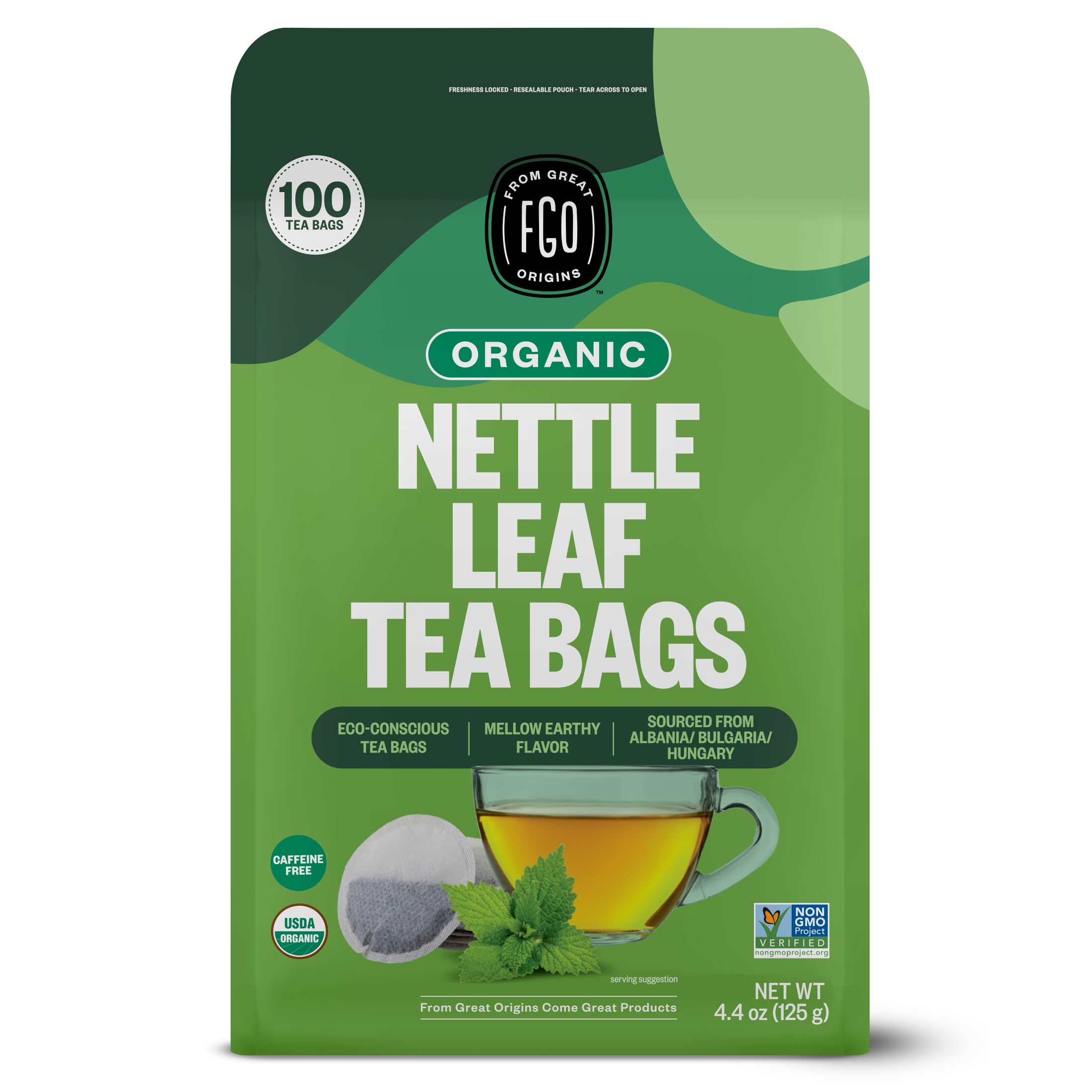 FGO front packaging showing organic nettle tea and resealable pouch benefit freshness