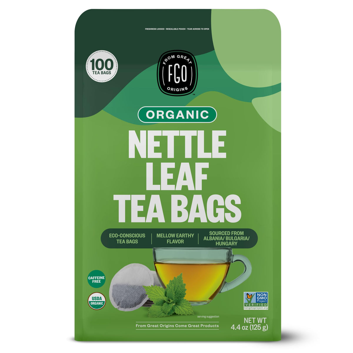 FGO front packaging showing organic nettle tea and resealable pouch benefit freshness