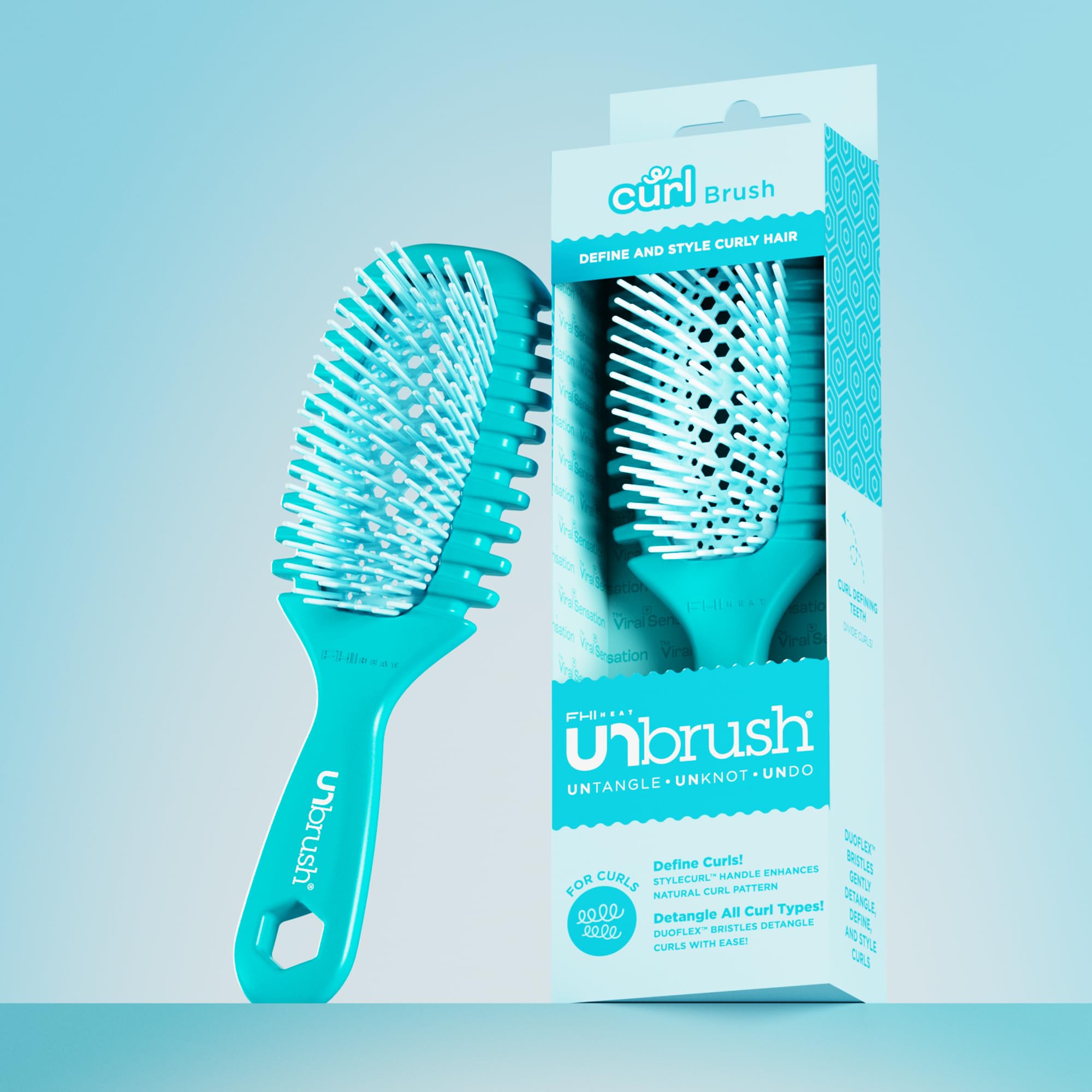 FHI Heat UNbrush Curl beside shampoo and conditioner illustrating wash-day efficiency