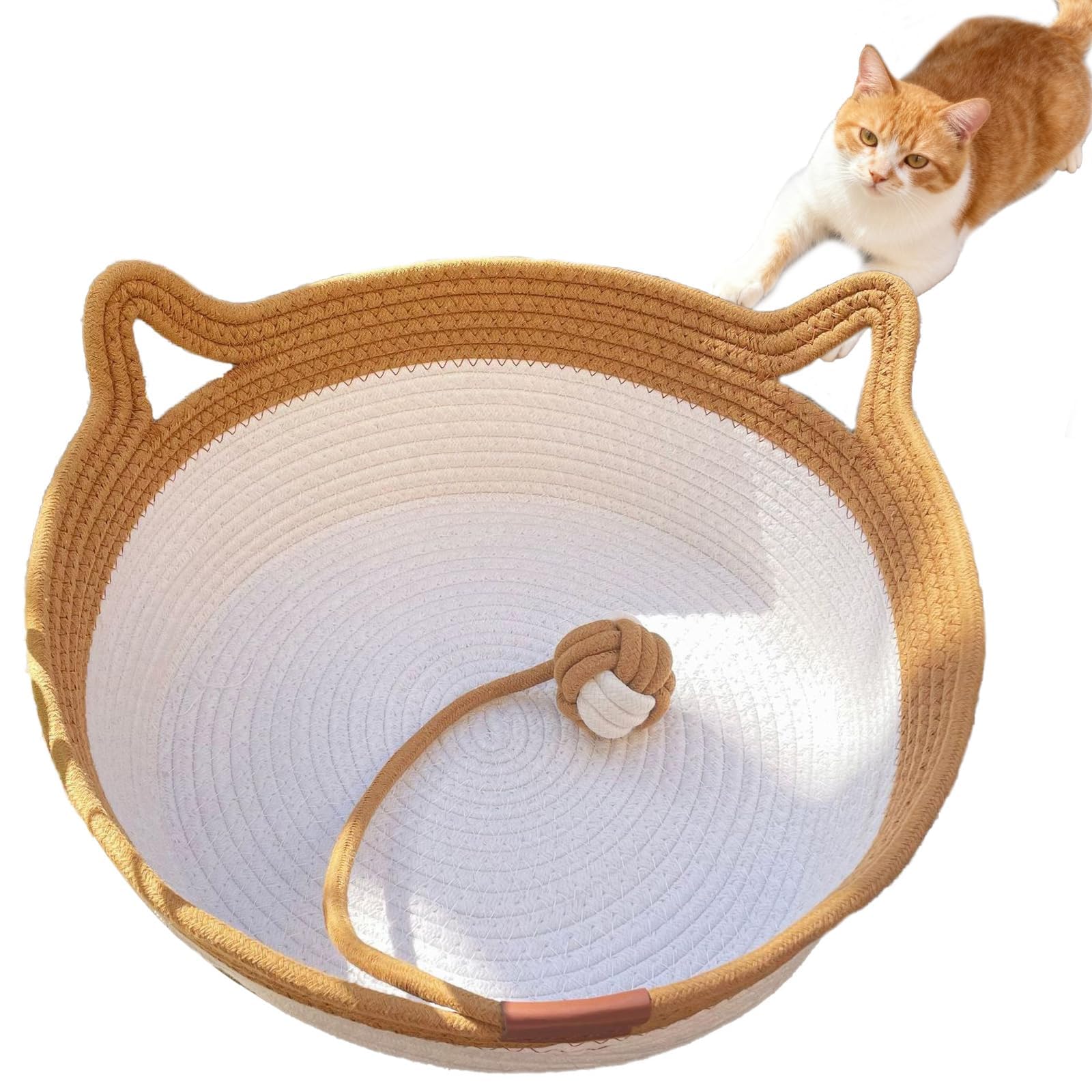FHKPET front view of handwoven cotton cat basket showing cozy shape and accessibility