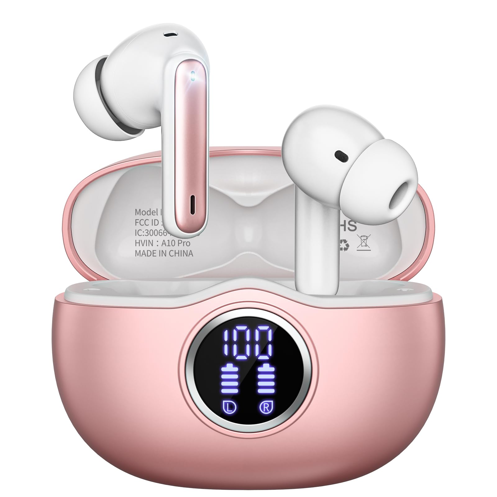 Fhumsh A10 front packaging showing rose-gold earbuds and compact case, confident gifting appeal