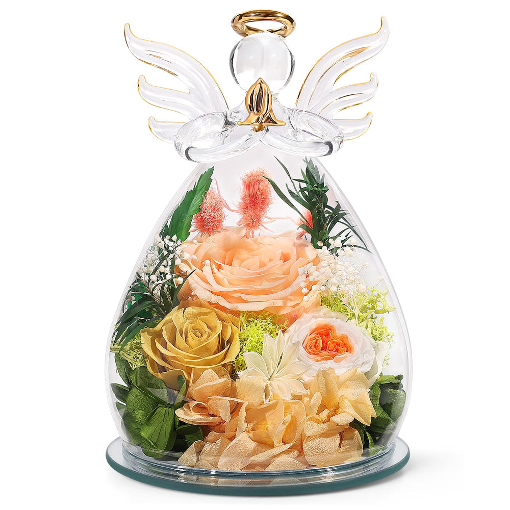 FIACO preserved rose angel front view showing glass dome and trio of roses for elegant gifting