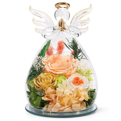 FIACO preserved rose angel front view showing glass dome and trio of roses for elegant gifting