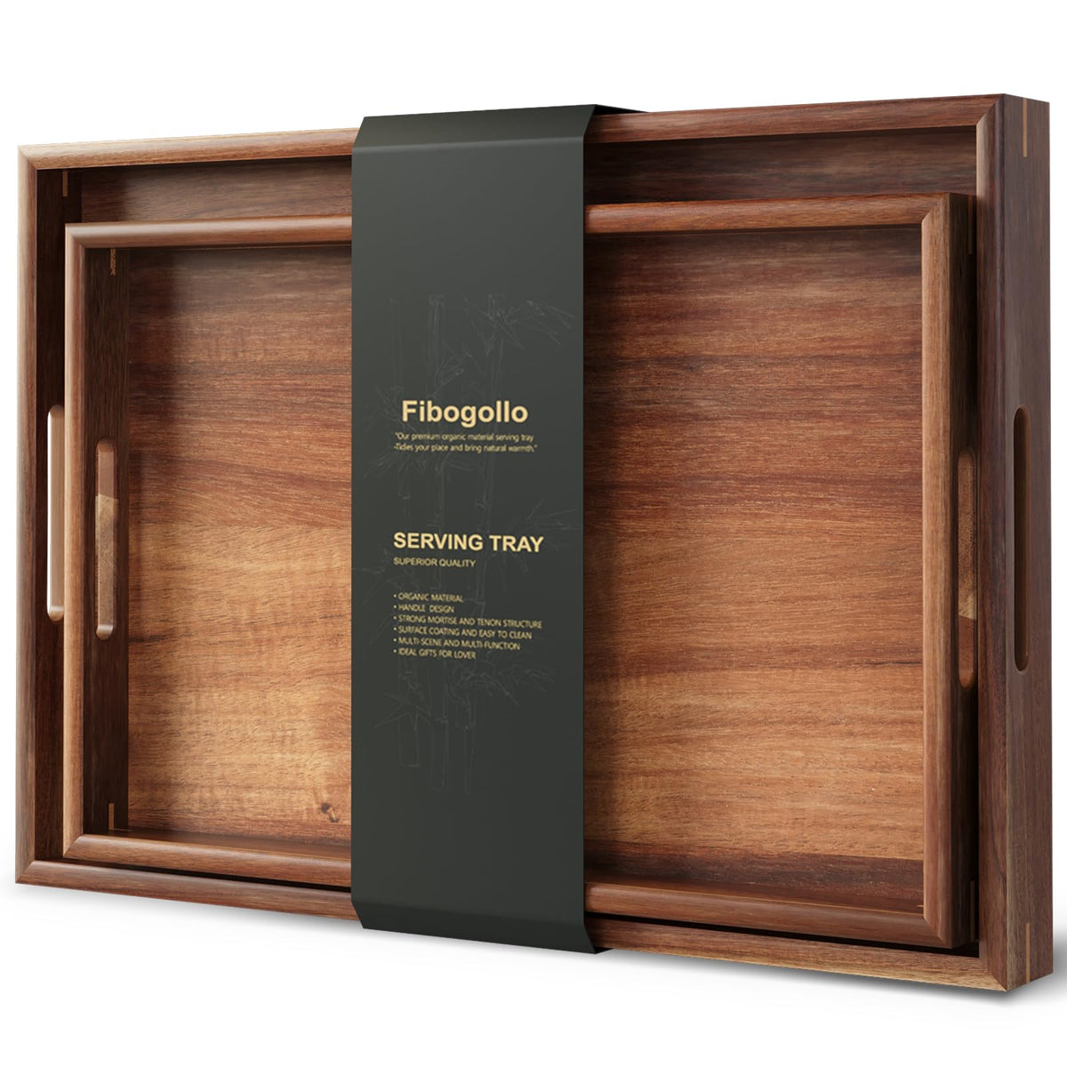 Fibogollo front view of two acacia trays showing elegant handles and warm finish, enhances serving style