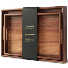 Fibogollo front view of two acacia trays showing elegant handles and warm finish, enhances serving style