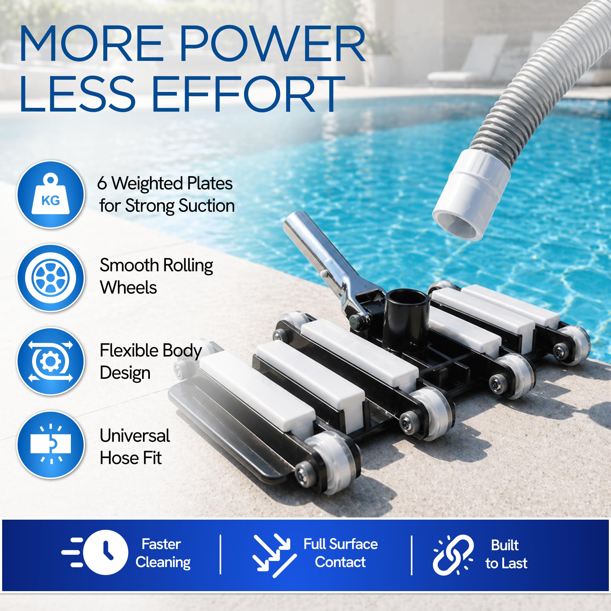 FibroPool in-use cleaning a pool floor demonstrating efficient debris pickup