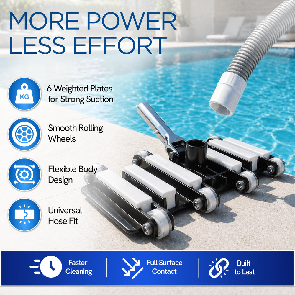 FibroPool in-use cleaning a pool floor demonstrating efficient debris pickup