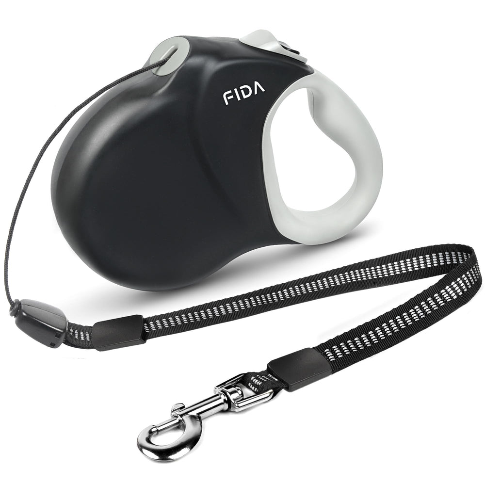 Fida retractable leash front view showing compact durable housing and easy grip