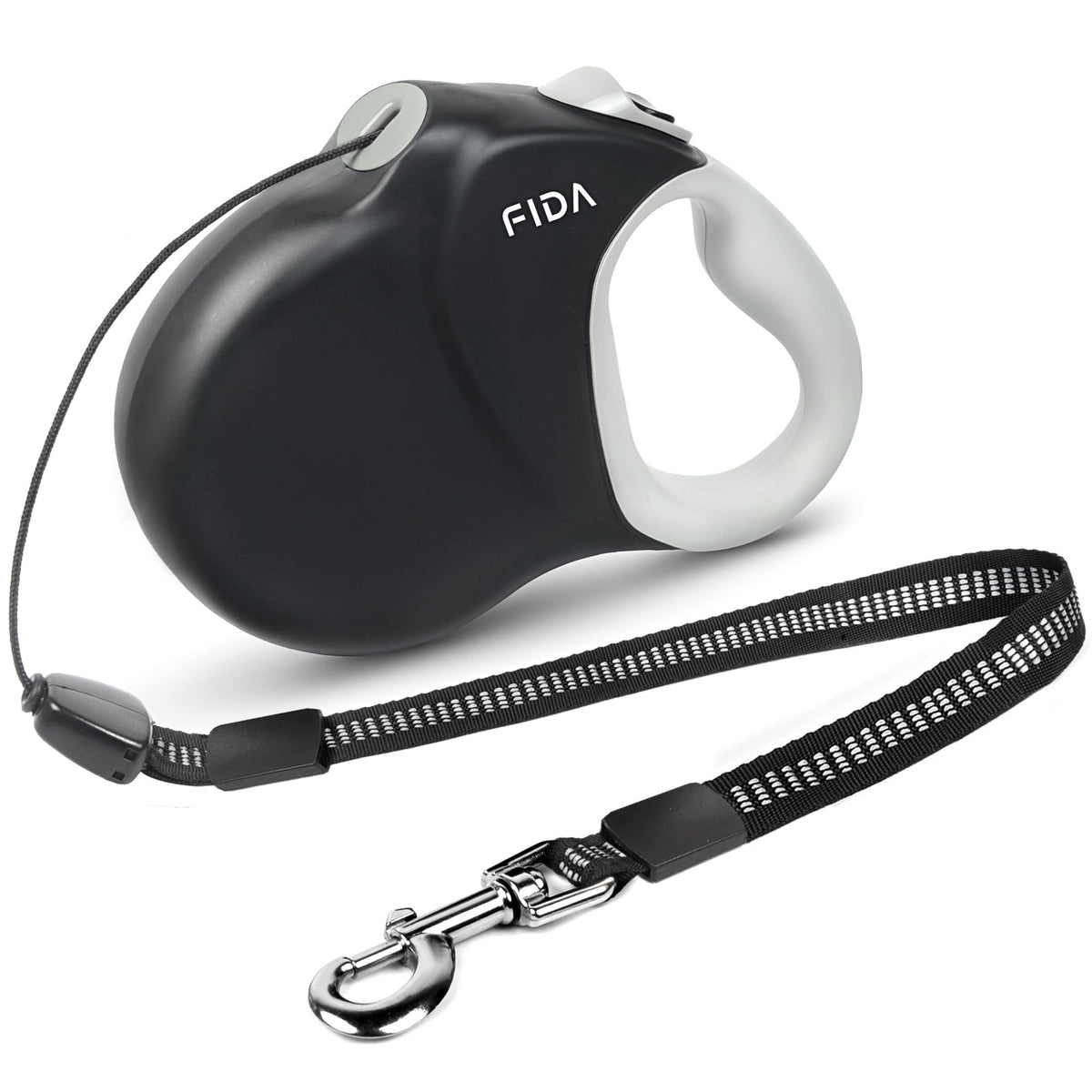 Fida retractable leash front view showing compact durable housing and easy grip