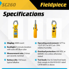 Fieldpiece SC260 illuminated display with backlight improving visibility in dark panels