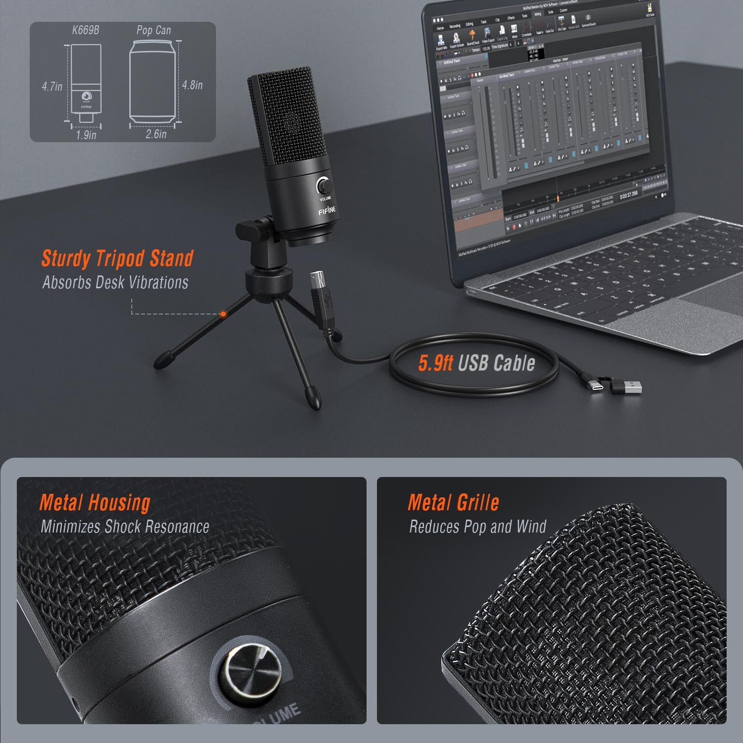 FIFINE label and polar pattern graphic showing cardioid noise reduction benefit