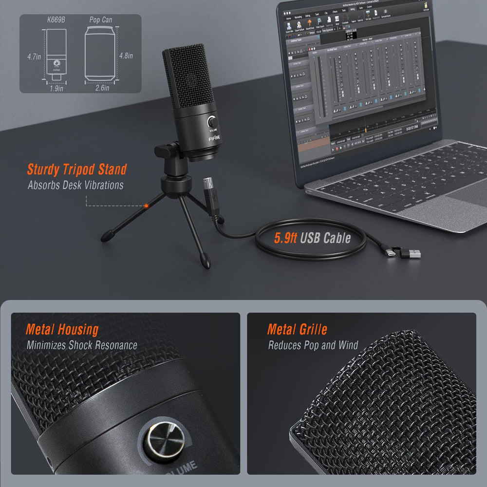 FIFINE label and polar pattern graphic showing cardioid noise reduction benefit