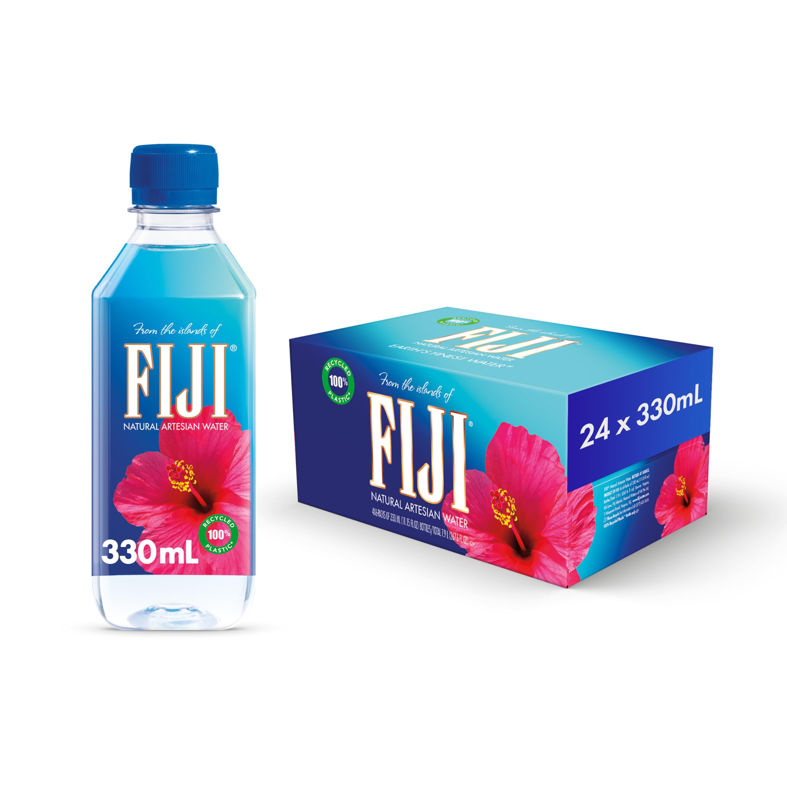 FIJI front pack shows 24 bottles, brand clarity and convenience