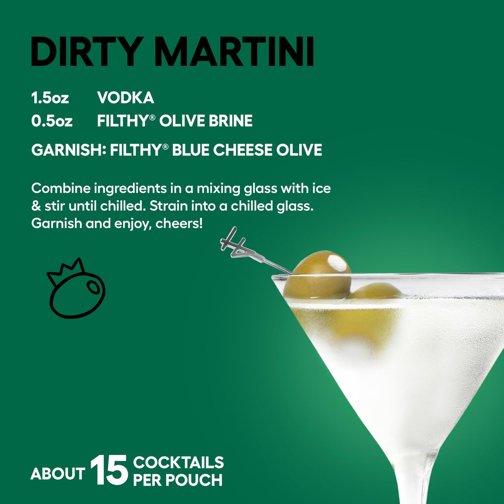 Filthy Food brine mixed in a dirty martini glass ready to serve