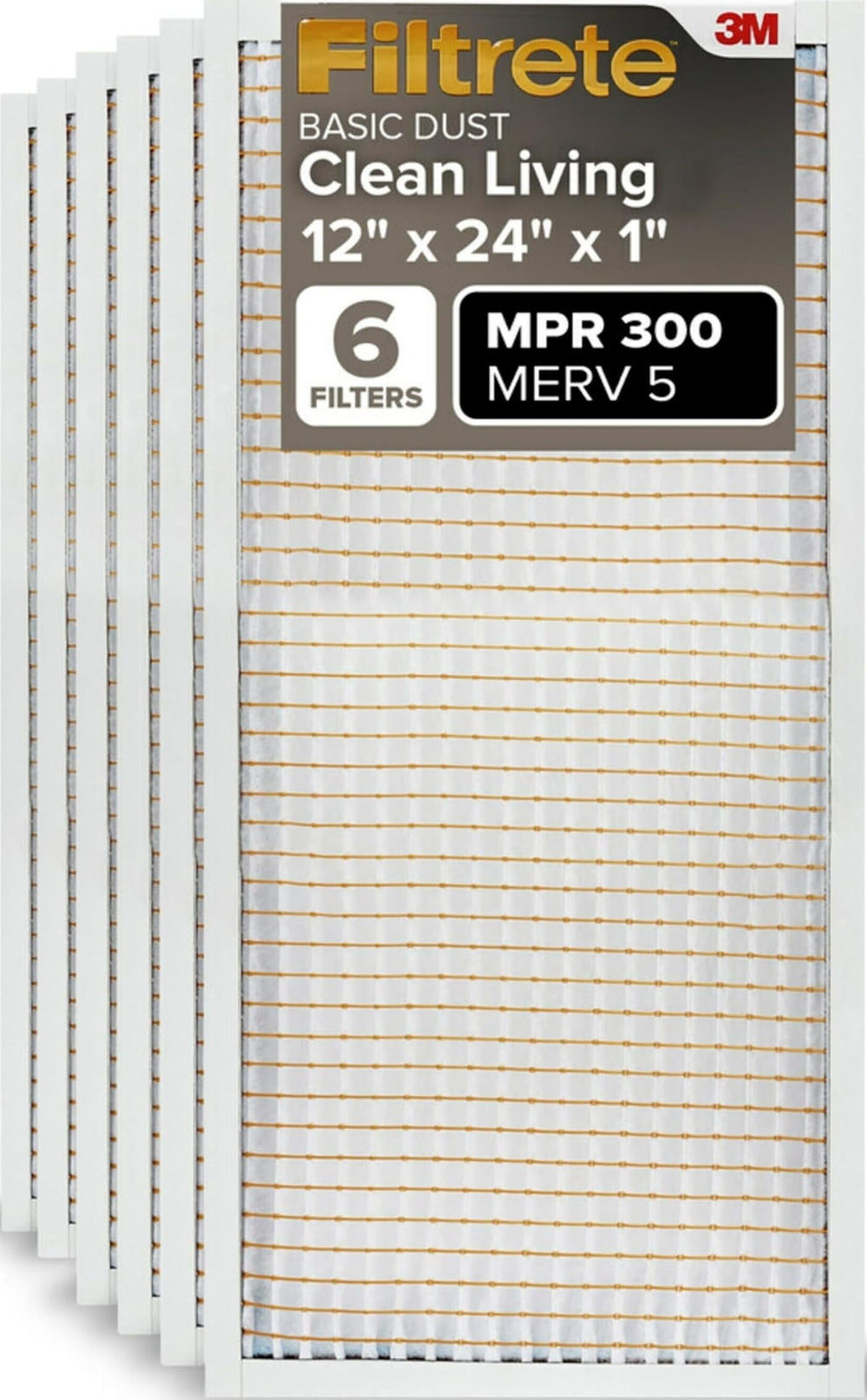 Filtrete front packaging 12x24x1 showing pack of six and benefits
