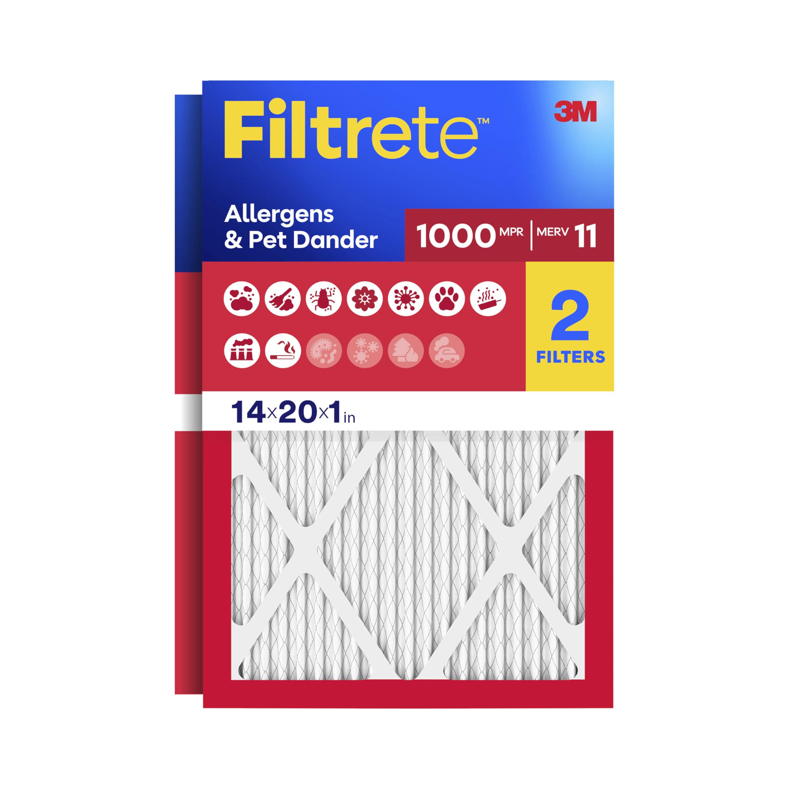 Filtrete front packaging showing 14x20x1 two-pack and benefits