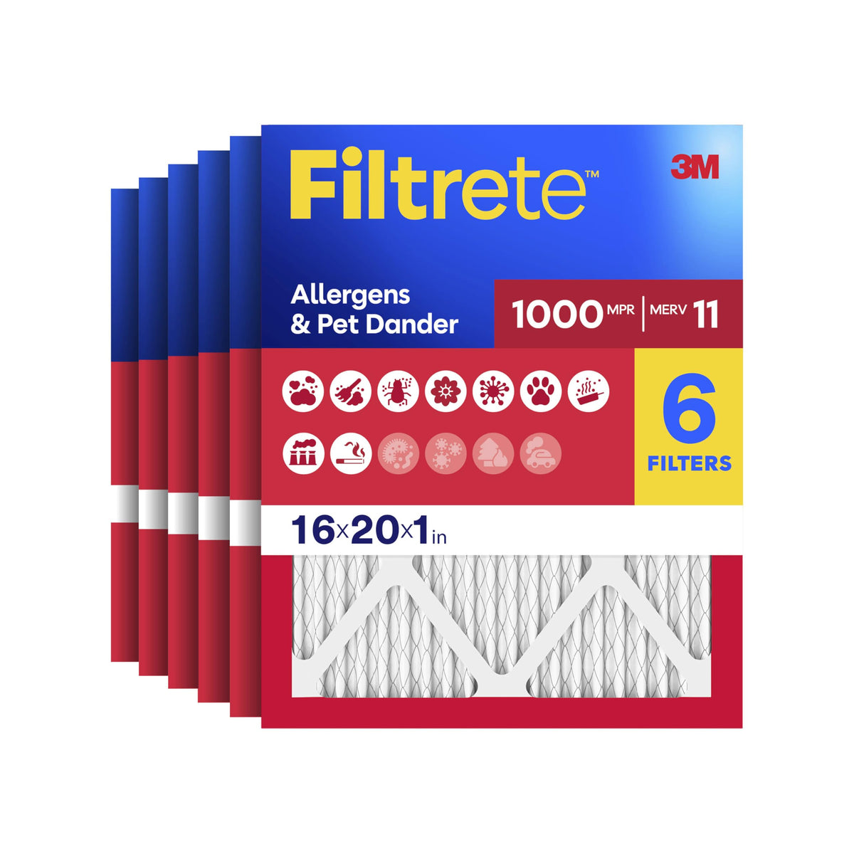 Filtrete front packaging showing 16x20x1 six-pack and benefits