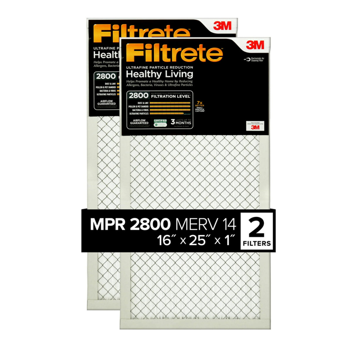 Filtrete front packaging showing 16x25x1 MPR 2800 benefits for cleaner air