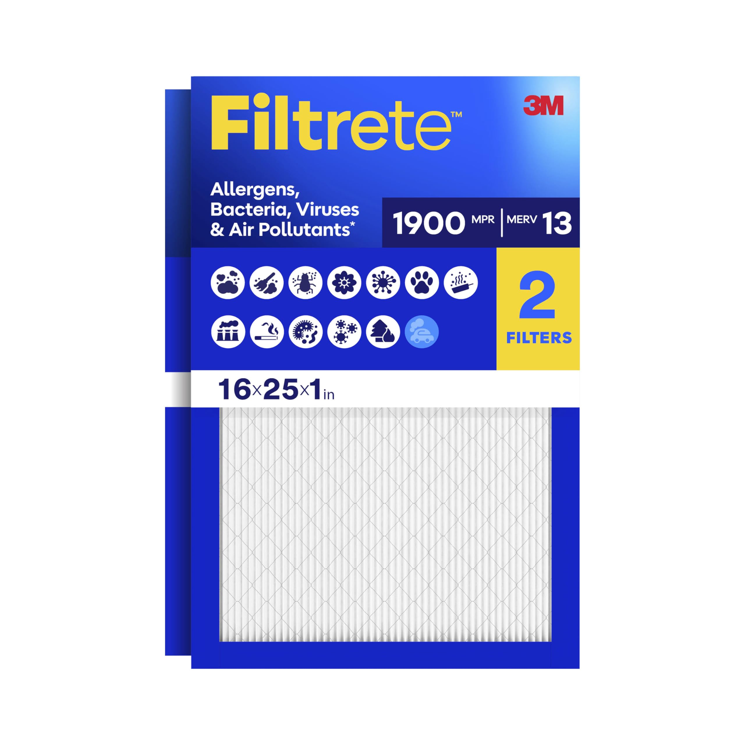 Filtrete front packaging showing product size and MERV 13 benefits