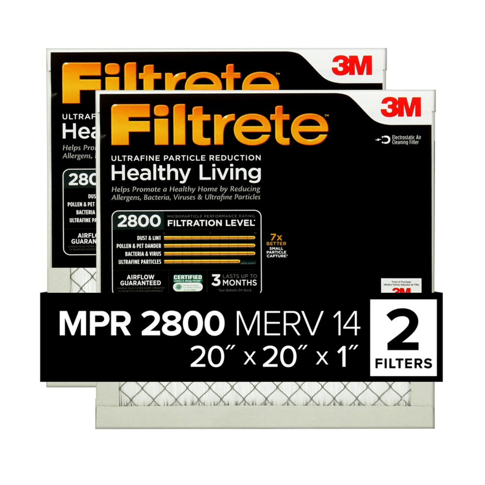 Filtrete front packaging showing size and MPR 2800 benefit high efficiency