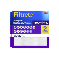 Filtrete front packaging showing 20x20x1 two-pack and clear specs benefit cleaner air
