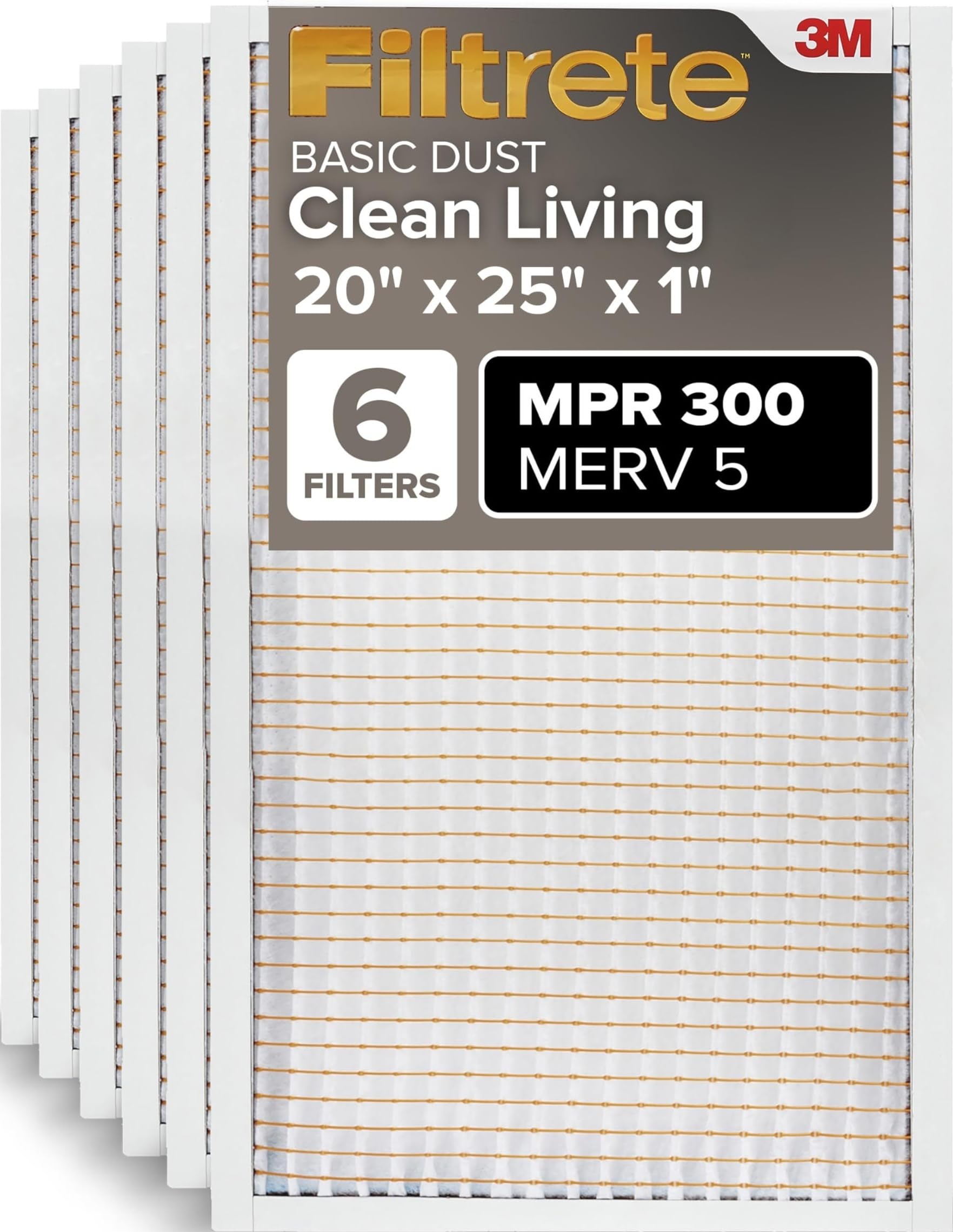Filtrete front packaging showing 20x25x1 six-pack and benefits