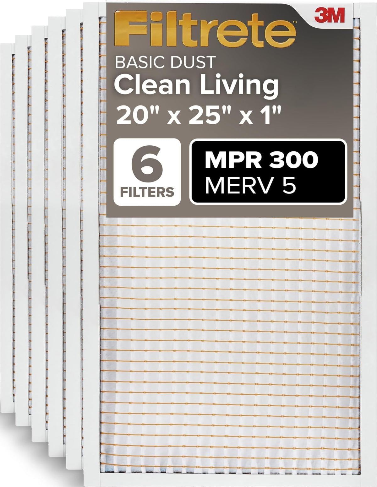 Filtrete front packaging showing 20x25x1 six-pack and benefits