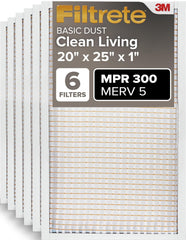 Filtrete front packaging showing 20x25x1 six-pack and benefits