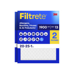 Filtrete front packaging showing 20x25x1 two-pack and MPR 1900 benefits