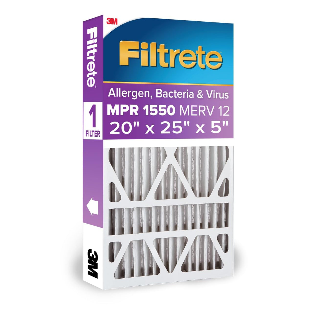 Filtrete front packaging showing MPR 1550 and MERV 12 benefits