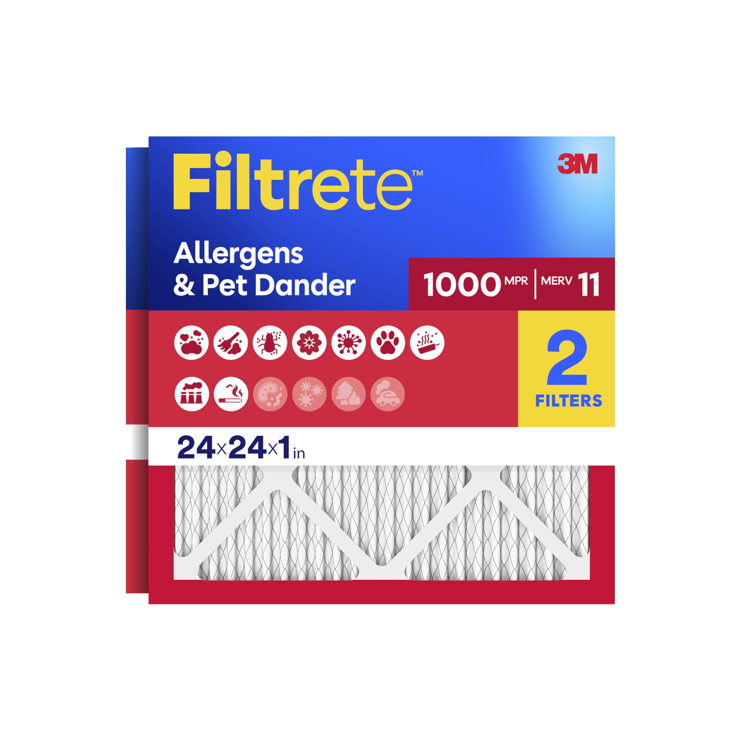 Filtrete front packaging showing 24x24x1 two-pack and product benefit